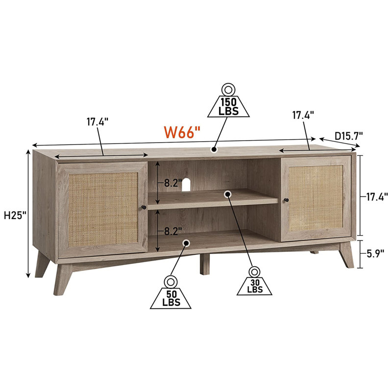 Linets Natural Rattan TV Stand,TV Console Table With Adjustable Shelves For TVs Up 75", Oak