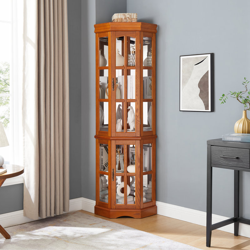 Armoire de coin en chêne avec 5 tablettes et système d'éclairage intégré à 5 tablettes, Chêne