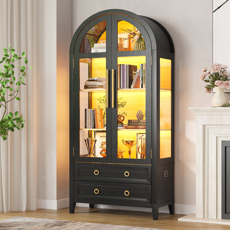 Freestanding Arch Display Cabinet with 3-Color Light Modes and Motion Sensor, Wood/Black
