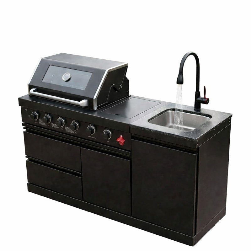Îlot de cuisine à 4 brûleurs de 72 000 BTU en acier inoxydable avec ensemble de rôtissoire à brûleur latéral et comptoir en granit