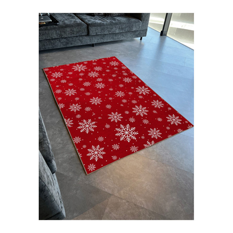 Tapis décoratif rouge moderne à motif de flocons de neige rouge à motif lavable à la machine