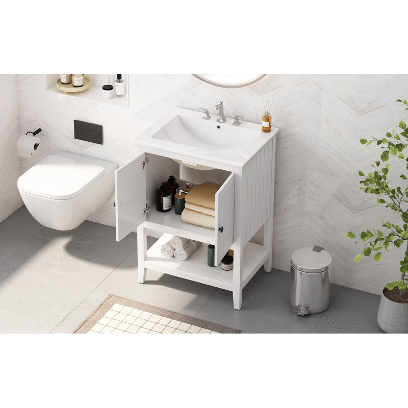 Lavabo de salle de bain moderne élégant en céramique blanche 24 po avec tablette ouverte en bois massif