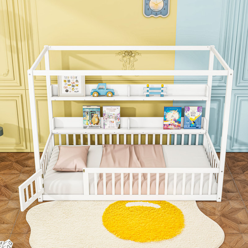 Floor Bed With Guardrails And Shelves, Twin, White