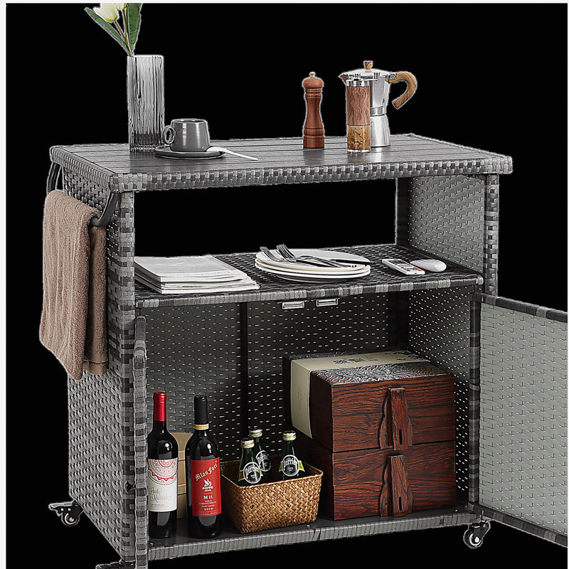 Outdoor Wicker Bar Cart, with rolling terrace beverage service cart, a rolling wicker drink bar table with a glass awning, suitable for balconies, backyards, gardens, poolside parties, light brown