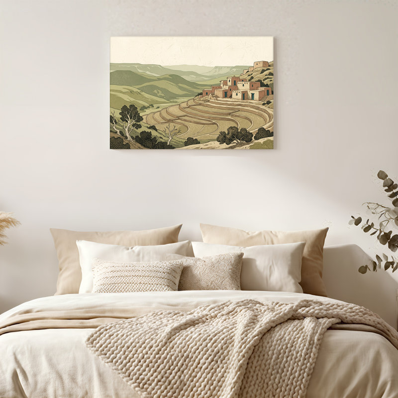 «Adobe Village», art mural sur toile, terrasses en pente, H 36 po x l 48 po