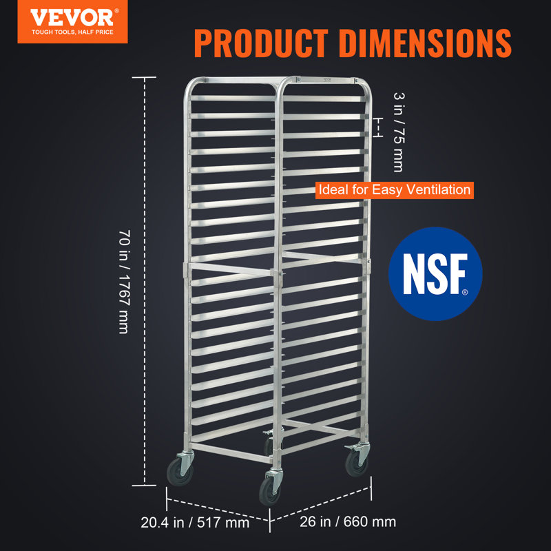 Aluminum 20-Tier Commercial Bakery Rack with Brake Wheels
