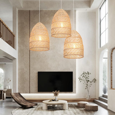 Boho Chandelier Ceiling Light Fixture, Rattan Woven Pendant Lighting For Kitchen, Farmhouse Wicker Hanging Lampshade For Bedroom Living Room Dining Room