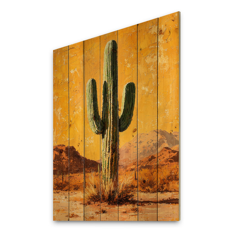 Cactus And The Desert Heat I - Floral Cactus Wood Wall Art - On Natural Pine Wood, 44" H x 34" W x 0.78" D