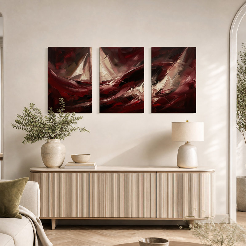 Ensemble de 3 toiles murales abstraites à coups de pinceau rouge foncé et crème, H 18 po x l 12 po x 3 pièces