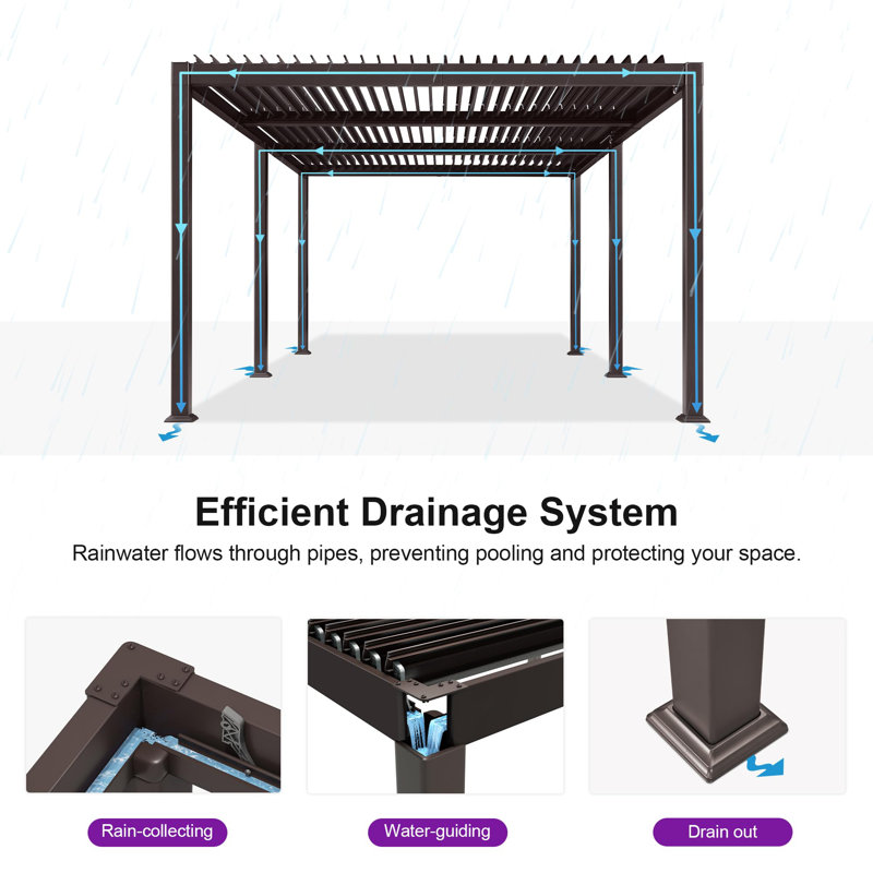 Purple Leaf Adjustable Roof Louvered Aluminum Pergola with String Lights, 92.58'' H x 209.84' W' x 137.2'' D
