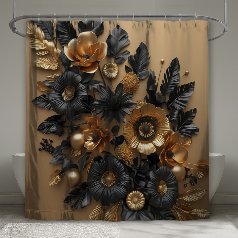Rideaux de douche à motif floral doré noir très long, L 70 po x H 84 po