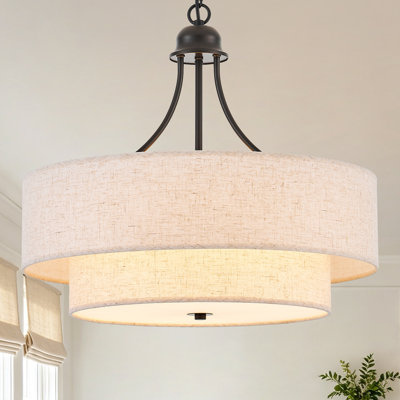  6-Light Modern Drum Black Chandelier with Linen Shade