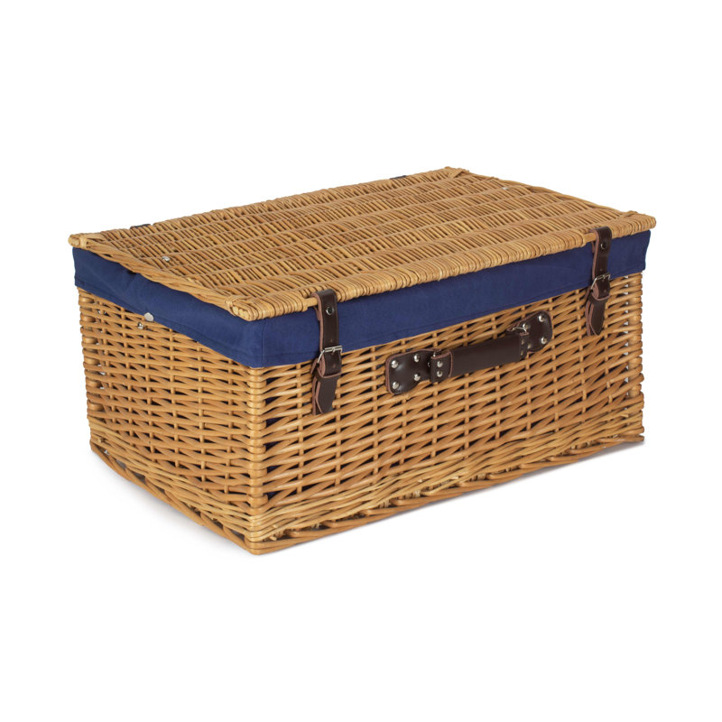 24" Wicker Hamper Basket With Lining, Buff/Navy Blue