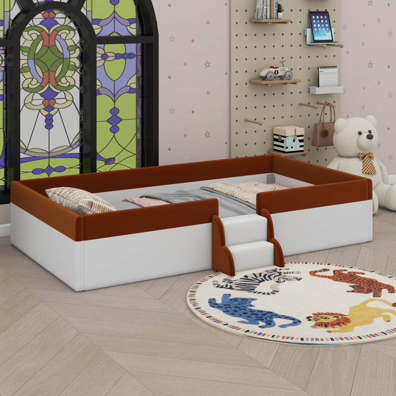 Upholstered Daybed Frame With Fence And Stairs, Brown/White, Twin