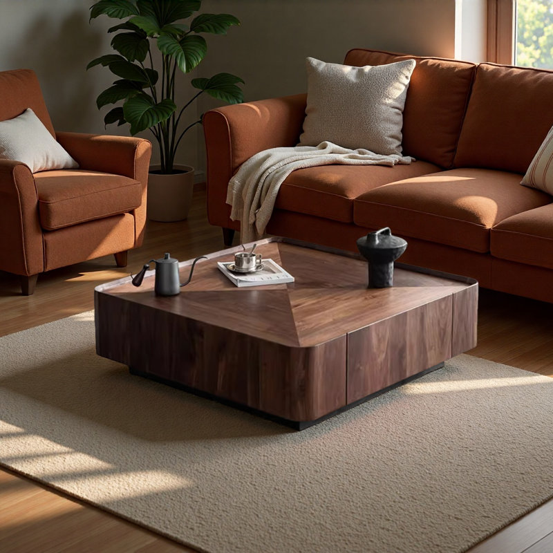Table basse carrée en noyer massif avec deux tiroirs, H 14,1 po x l 47,2 po x P 47,2 po