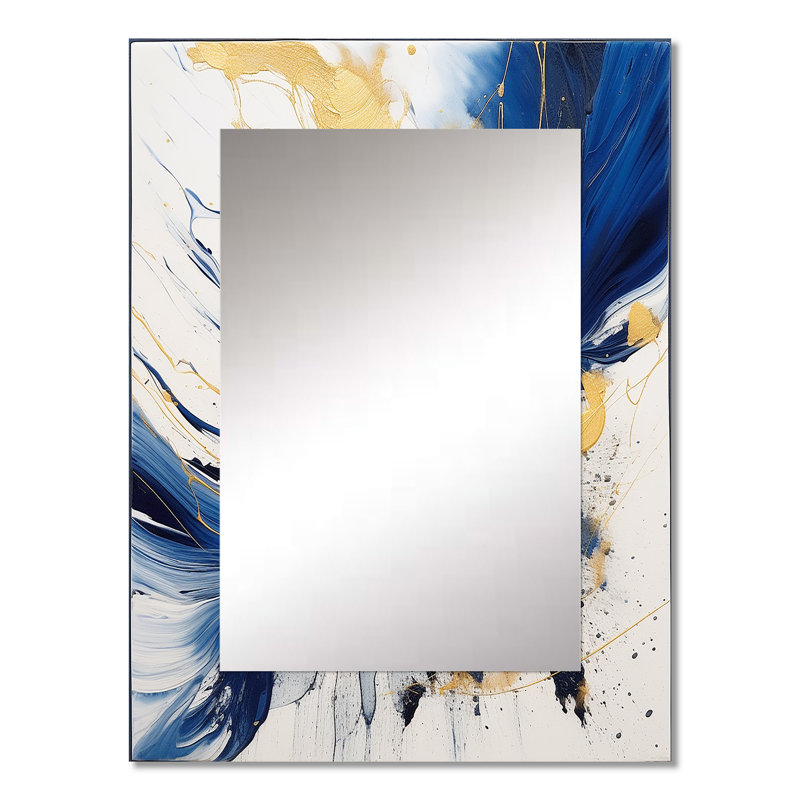 Kist bleu foncé et or coups V - miroir unique de fractales, grand miroir mural bleu, impression d'art en métal, 32 po x 24 po