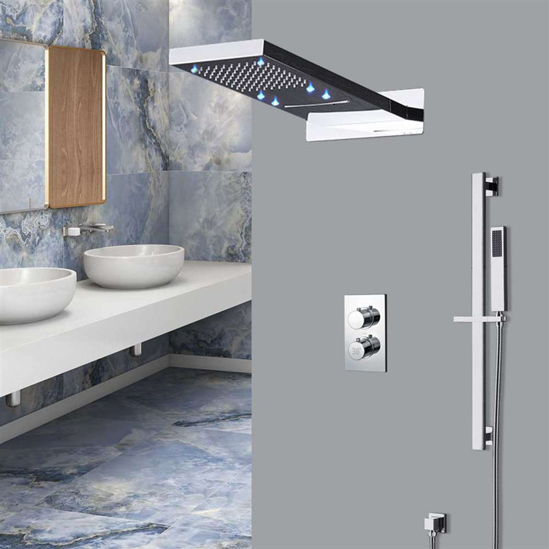 Fontana Ardea 22" LED Chrome Digital Wall Mount Waterfall Rainfall Shower System with Square Handheld Shower and Handle Bar