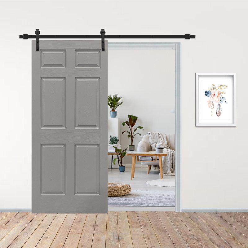30 In. X 80 In. Light Grey Painted Finished Composite MDF 6 Panel Interiorsliding  Barn Door With Hardware Kit, Black