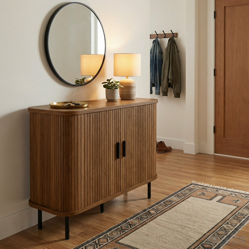 Buffet 35,4 "avec rangement, armoire à café Nordic avec portes à lattes en tambour et pieds en métal, crédence de cuisine, noyer, bois