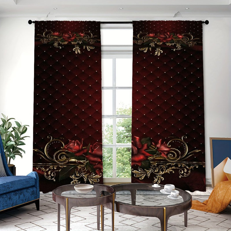 2Pcs Red Gold Rose Pattern Curtains, Luxurious Baroque Style, Rod Pocket Window Drapes, Elegant Floral Design, Living Room Bedroom Study Window Decor