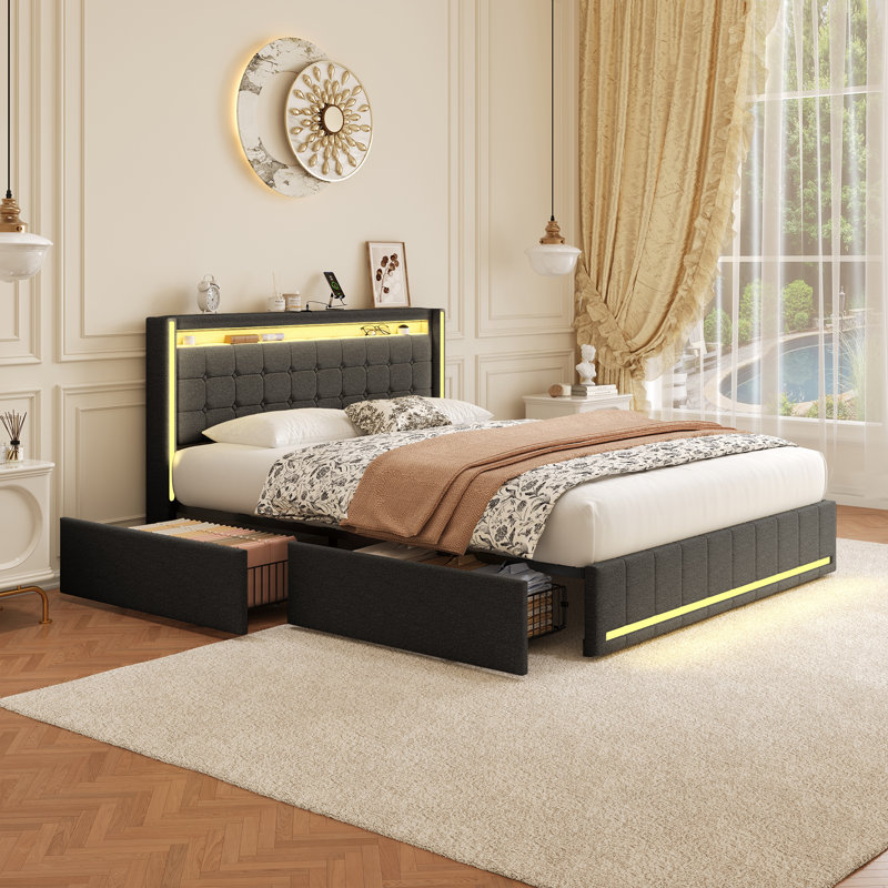 Estella Linen Upholstered Bed With LED Lighting And 4 Storage Drawers, Grey, European Double (140 x 200 cm)