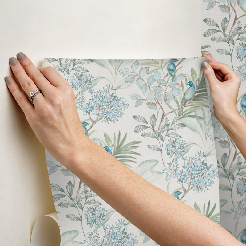 Handpainted Songbird Floral Peel & Stick Wallpaper Roll, Turquiose