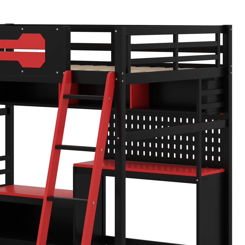 Lit mezzanine en bois pleine grandeur avec bureau et tablettes de rangement, cadre de lit mezzanine bas moderne avec lumières DEL, ports USB et panneau perforé