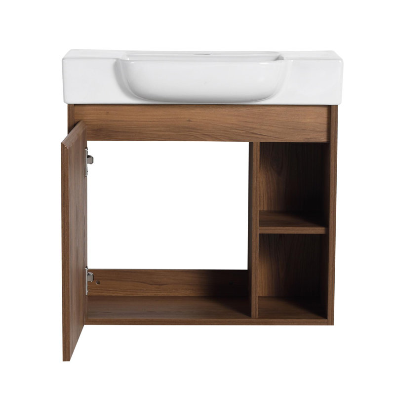 Meuble-lavabo mural multifonctionnel avec porte à fermeture en douceur et tablettes ouvertes, Brun ébène, 24