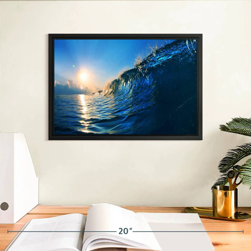 Blue Ocean Wave, Cadre flottant noir, 13 po x 9 po
