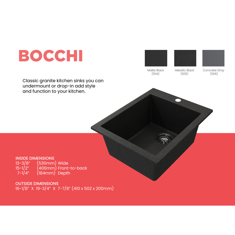 Campino 16'' L Single Basin Kitchen Sink, Metallic Black