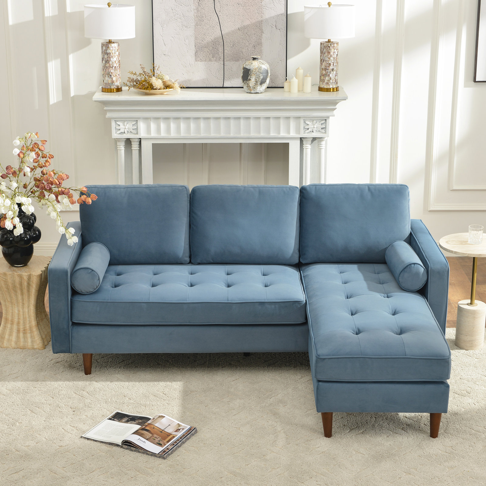 Geo Linen Reversible Sofa and Chaise, Light Blue Velvet