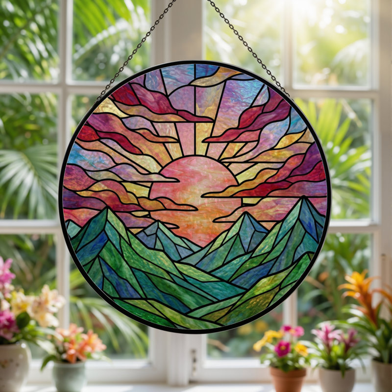 Panneau de vitrail 12 "H Sunset Mountains, H 12 po x l 12 po
