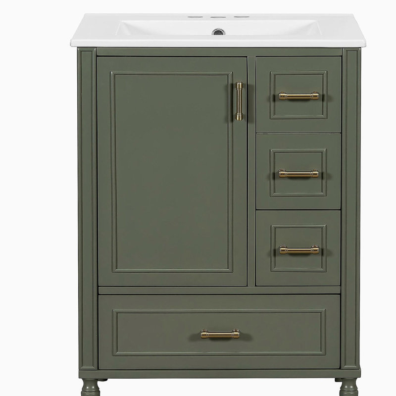Meuble-lavabo 24 po avec lavabo en céramique, porte à fermeture douce, 3 tiroirs, poignées dorées et support de porte