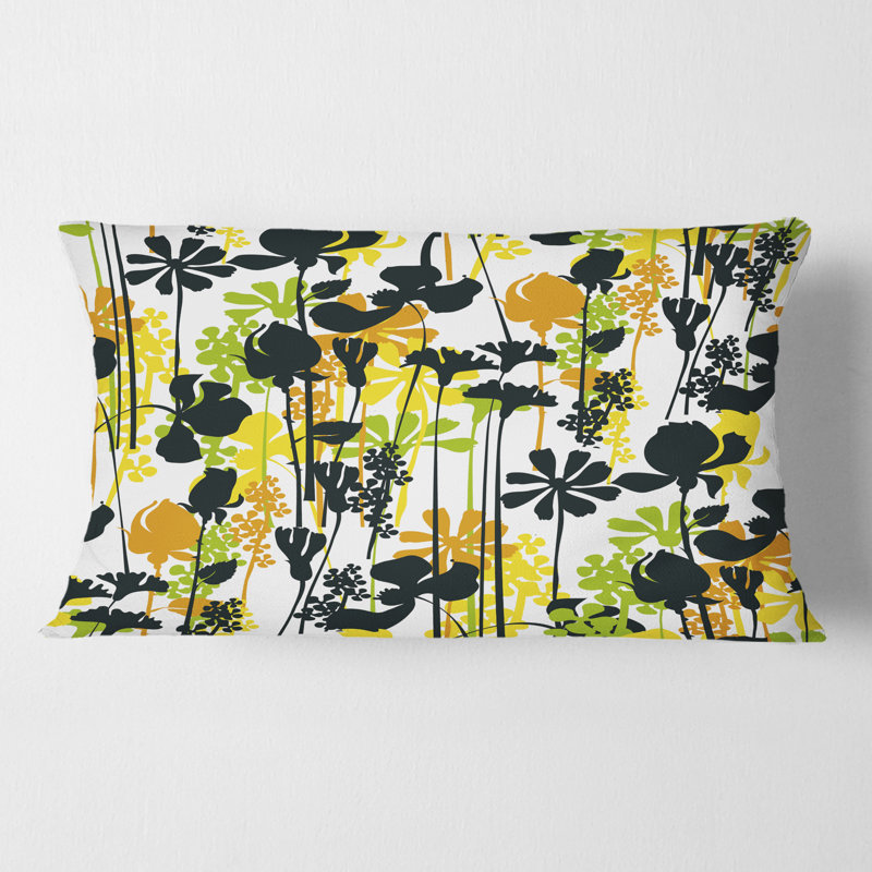 Motif de pré d'été, silhouettes noires - Coussin Mid-Century