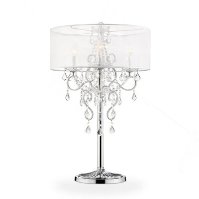 Grande lampe de table 35 "Evangelia", finition argentée et accents de cristal, abat-jour transparent