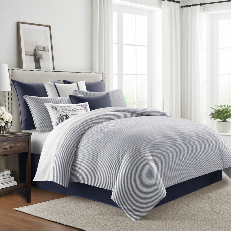 Jaxon Stripe Reversible Cotton Comforter Set, Full Comforter + 2 Standard Shams, Indigo