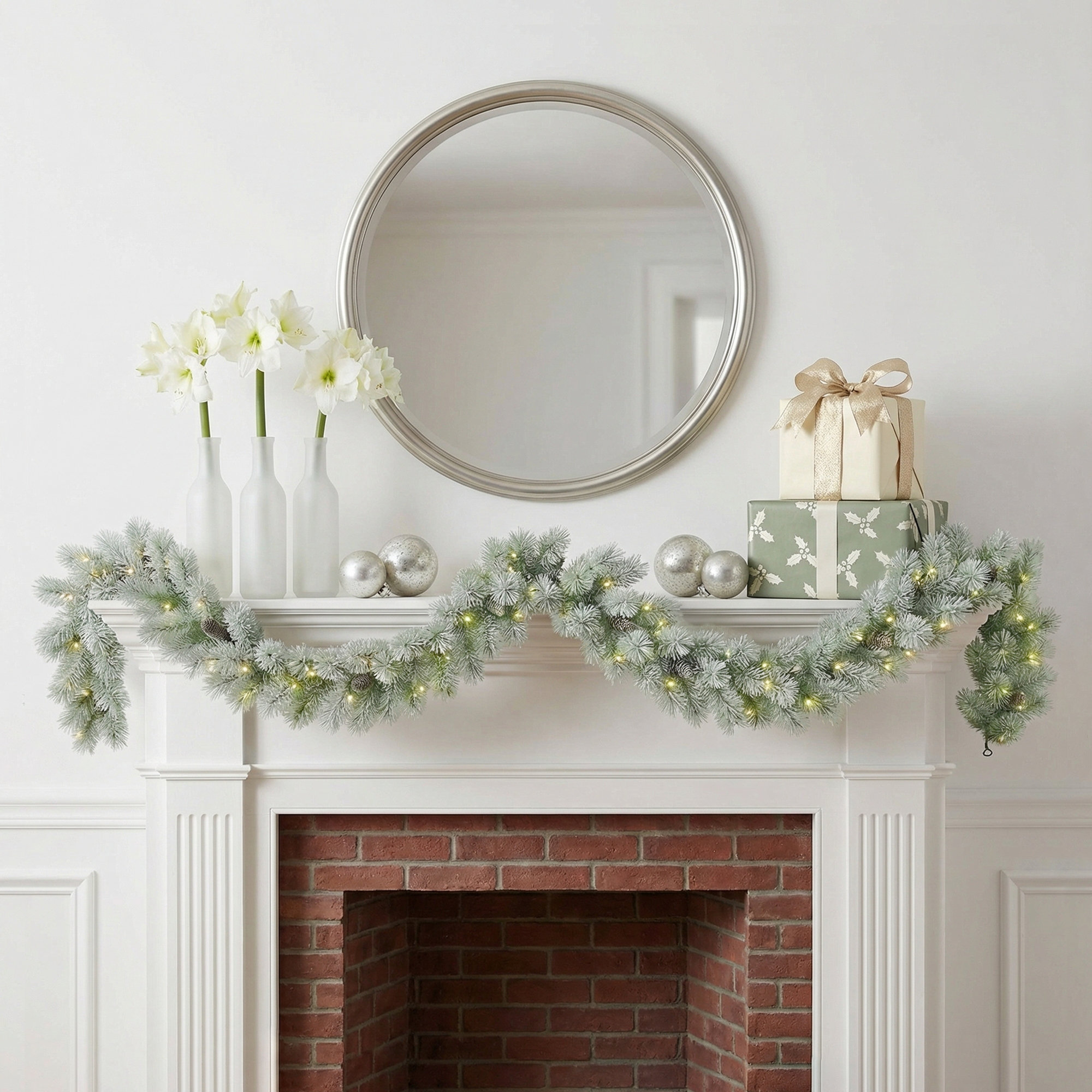 9 Feet by 10 Inches Pre-Lit Flocked Garland with Warm White LED Lights