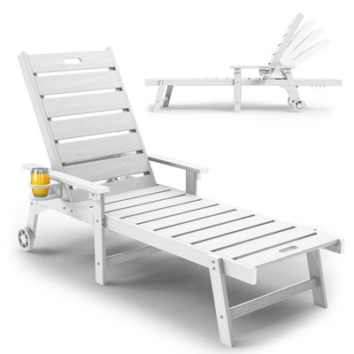 Chaise longue d'extérieur réglable à 5 positions, fauteuil inclinable toutes saisons avec porte-gobelet intégré et roues de transport