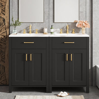 Meuble-lavabo double moderne 48 po avec lavabos en céramique, portes à fermeture douce, poignées dorées