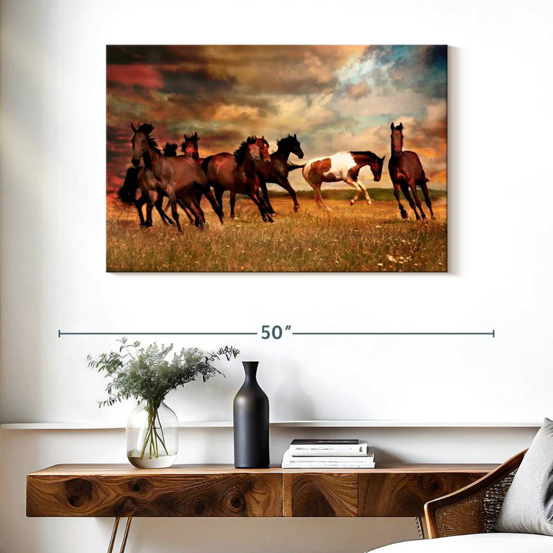Brampt, chevaux sauvages dans la prairie, H 26 po x l 39 po