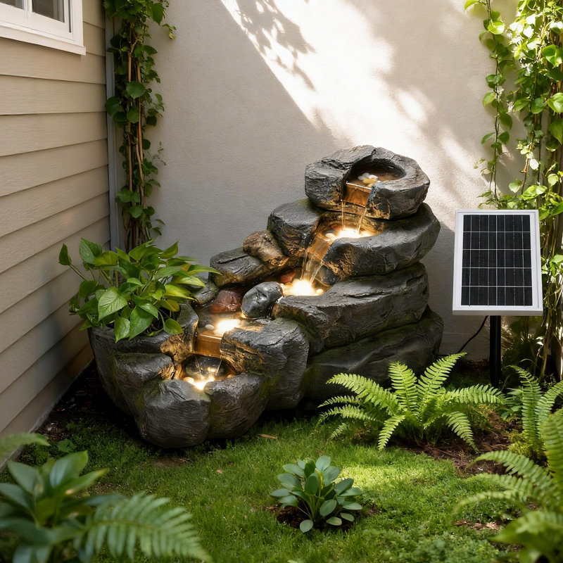 5-tier Solar Water Fountain Outdoor, 38.2" L Rock Waterfall Hanaleigh Solar Powered Floor Standing Outdoor Water Feature With Led Lights For Patio, Garden,porch, Yard, Home Art Decor