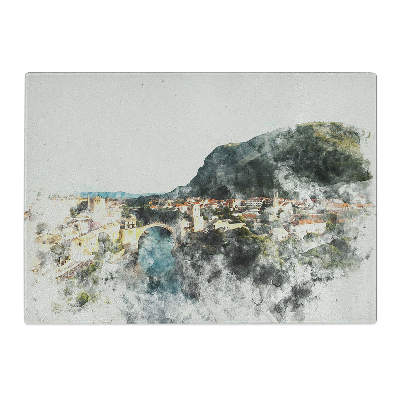 Skyline of Mostar Watercolour Chopping Board, 28.5cm W x 39cm L