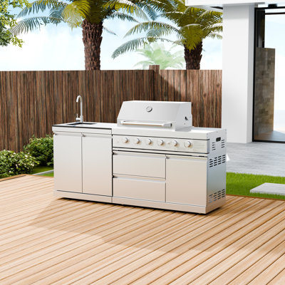 Akoah 304 Stainless Steel 6-Burner Modular Outdoor Kitchen Island with Sink, Warming Rack & Caster Wheels