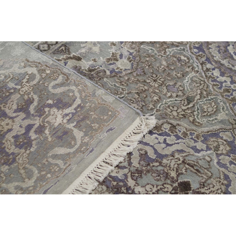 Tapis bleu clair et gris clair noué à la main de haute qualité