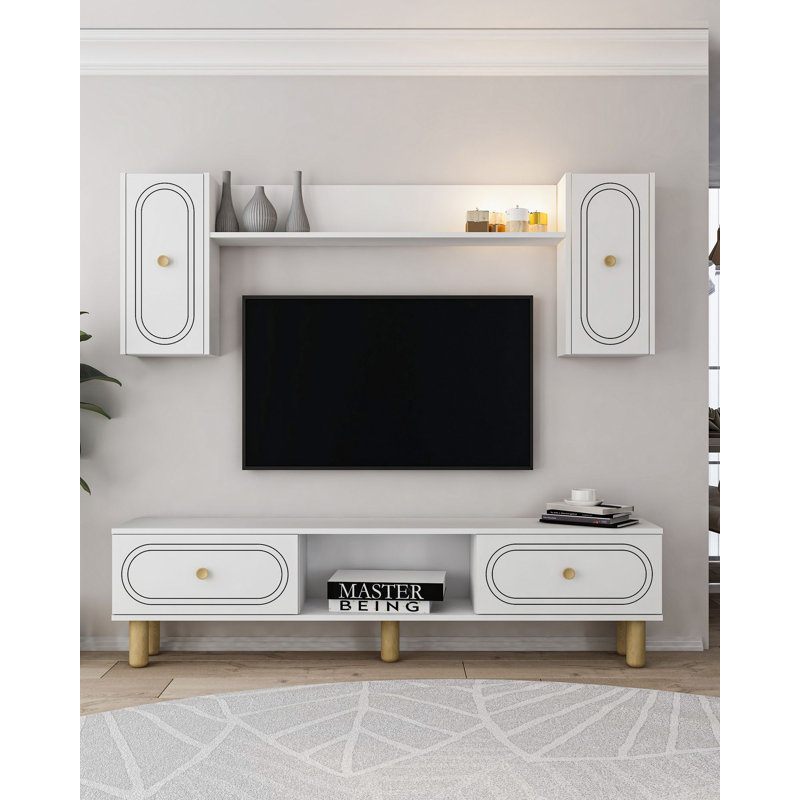 Ensemble de meuble télé moderne avec tablette murale, blanc, 59,1 po x 17,6 po x 11,6 po | 100% panneau de particules enduit de mélamine, épaisseur: 0,7 pouce | Plusieurs tablettes, à fixation murale, conception géométrique élégante pour les espaces de vie contemporains