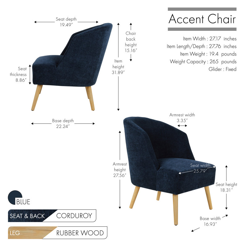 Fauteuil demi-tonneau avec pieds en bois d'hévéa Artavion, Velours côtelé bleu