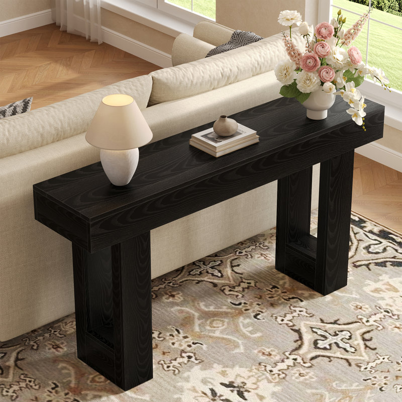 63" Narrow Rustic Sofa Table and Entryway Console in Deep Wood Grain, Black