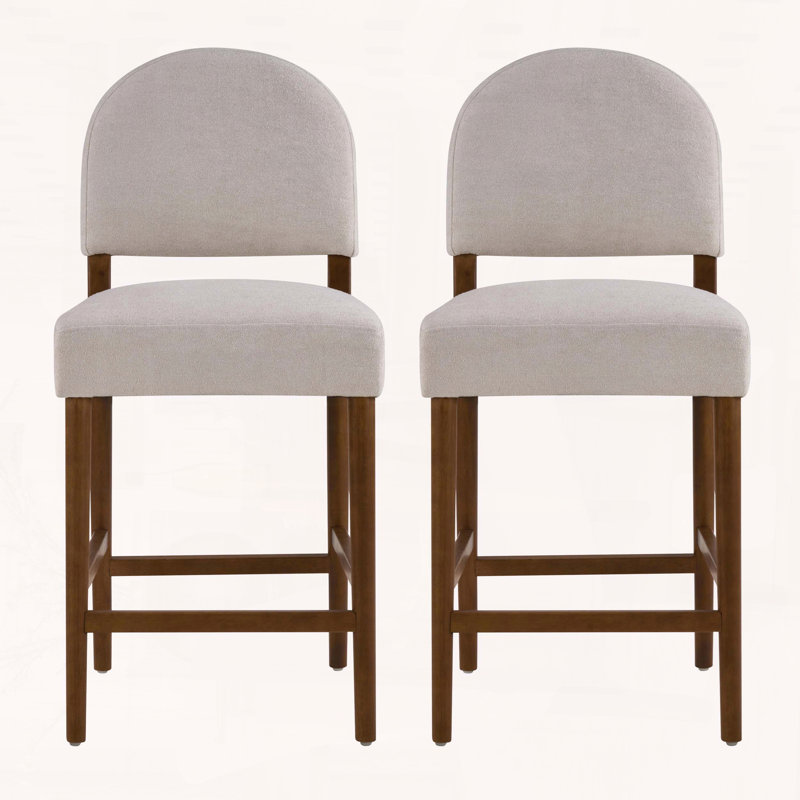Tabouret de bar de 26 po de hauteur avec tissu gris clair et bois d'hévéa noyer, ensemble de 2, Gris clair