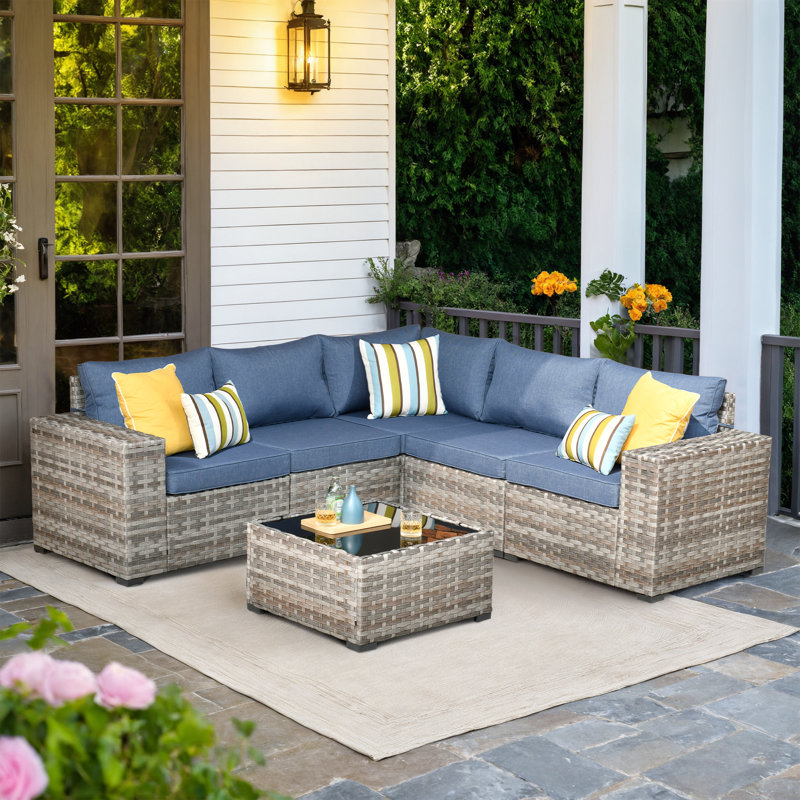 Baili 5 - Person Outdoor Wicker Sectional Seating Group with Cushions, Modern Modular Rattan Conversation Set, Patio Furniture Set with Wide Armrest