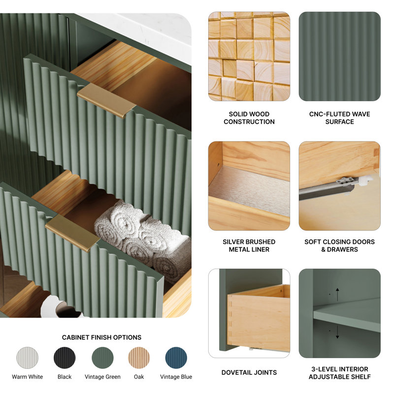 Base de meuble-lavabo simple 60 po en bois massif Haun, Vintage Green
